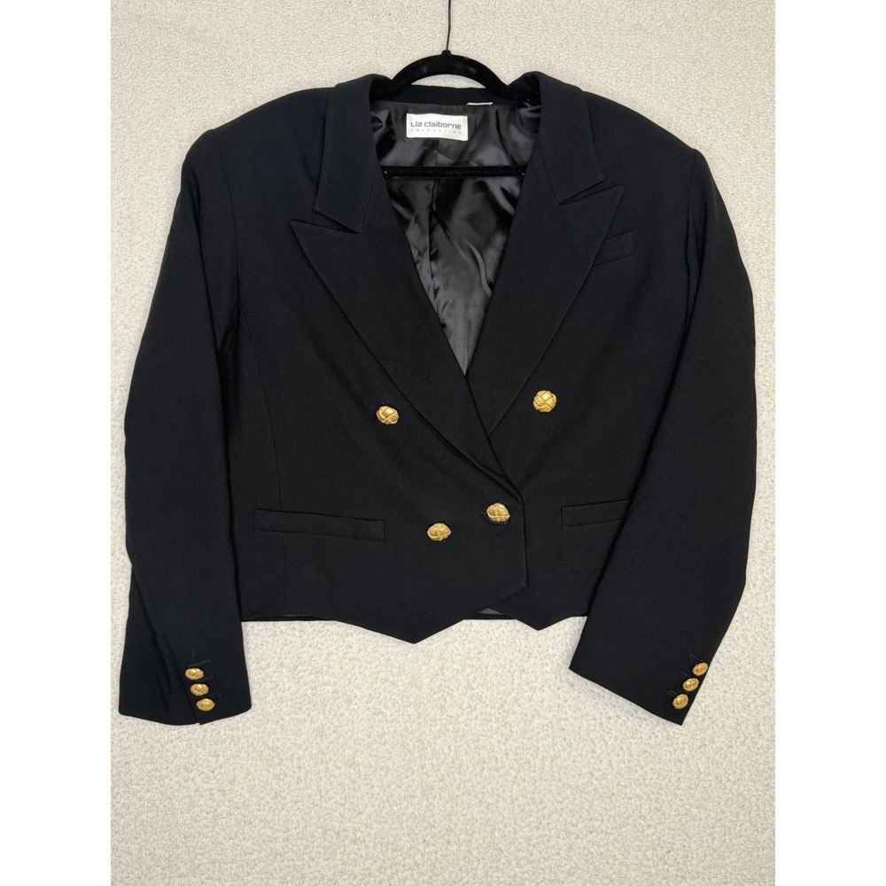 Liz Claiborne Collection Blazer Womens 14 Black Cropped Gold Buttons VTG